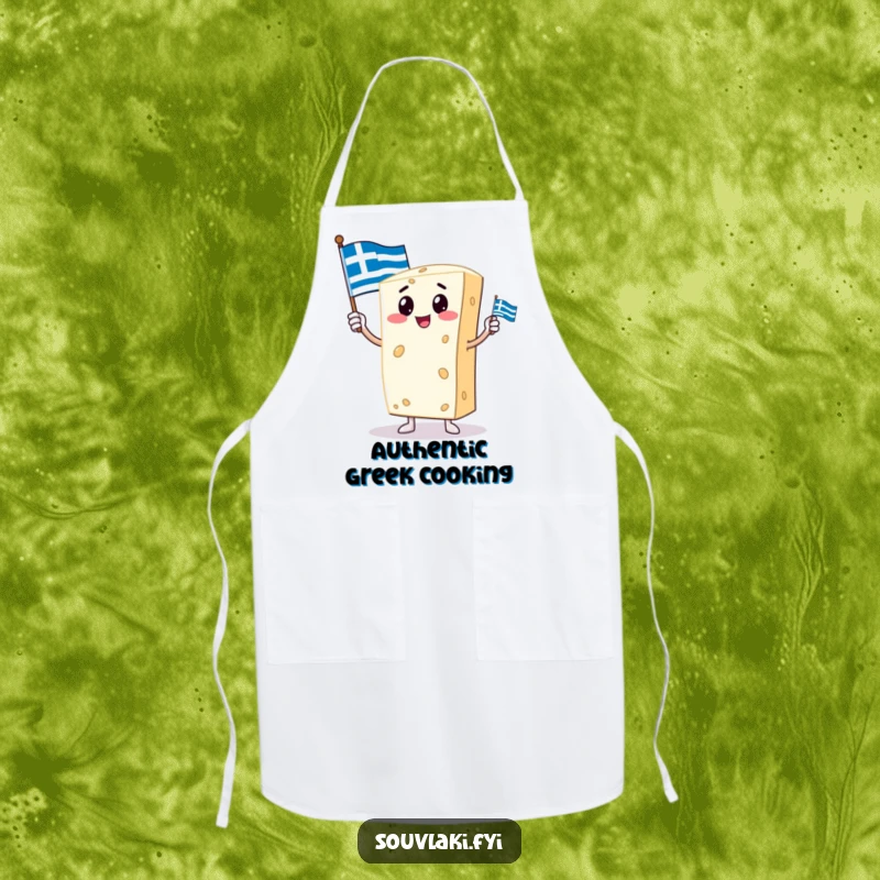 Funny apron with a proud feta cheese character holding a small Greek flag, ideal for adding cultural flair to cooking.