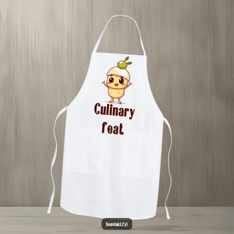 Funny Apron showing a proud souvlaki character expertly balancing a small olive, ready for culinary challenges.