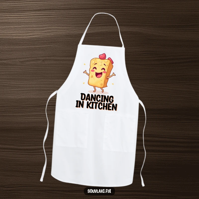 Funny baklava slice doing a lively flamenco dance on a kitchen apron. A practical and amusing accessory for cooks, ideal for a funny gift.