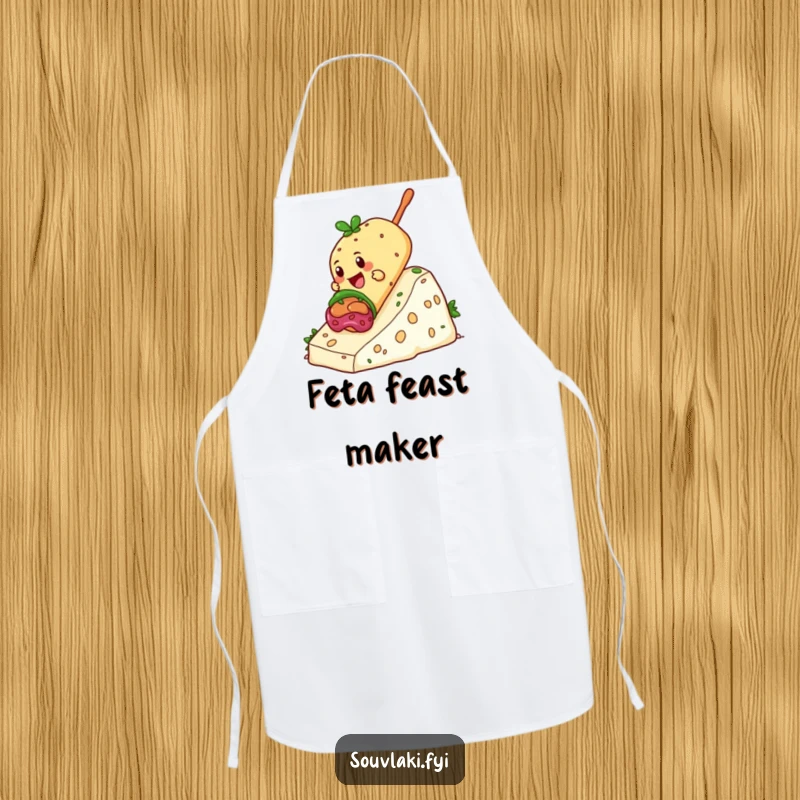 Funny Souvlaki Apron with a giddy souvlaki sliding down a hill of feta cheese, a humorous and practical kitchen wear.