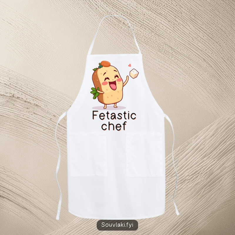 Funny Apron: A souvlaki playfully tosses a tiny feta cube, bringing humorous foodie fun to kitchen tasks.