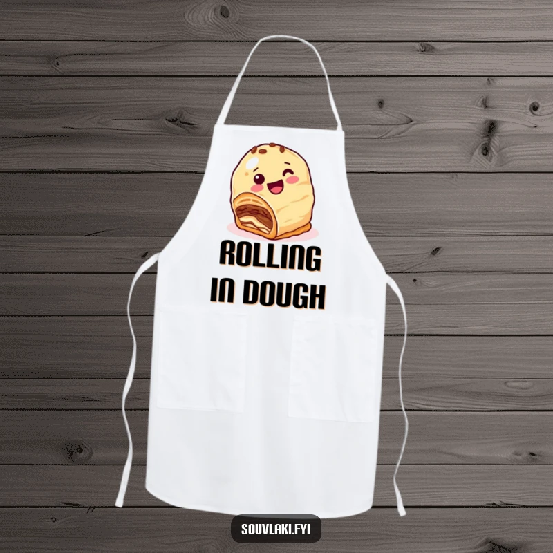 Funny Apron: A happy baklava character with nutty layers comically attempts to roll downhill, adding humor to your kitchen creations.