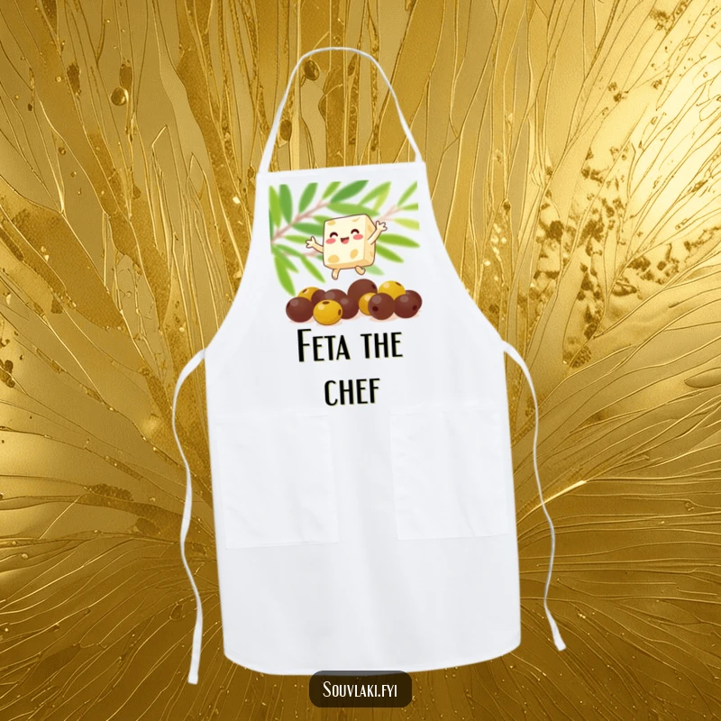 Funny feta cheese cube leaping over olives on a kitchen apron. A practical and amusing accessory for cooks, ideal for a funny gift.
