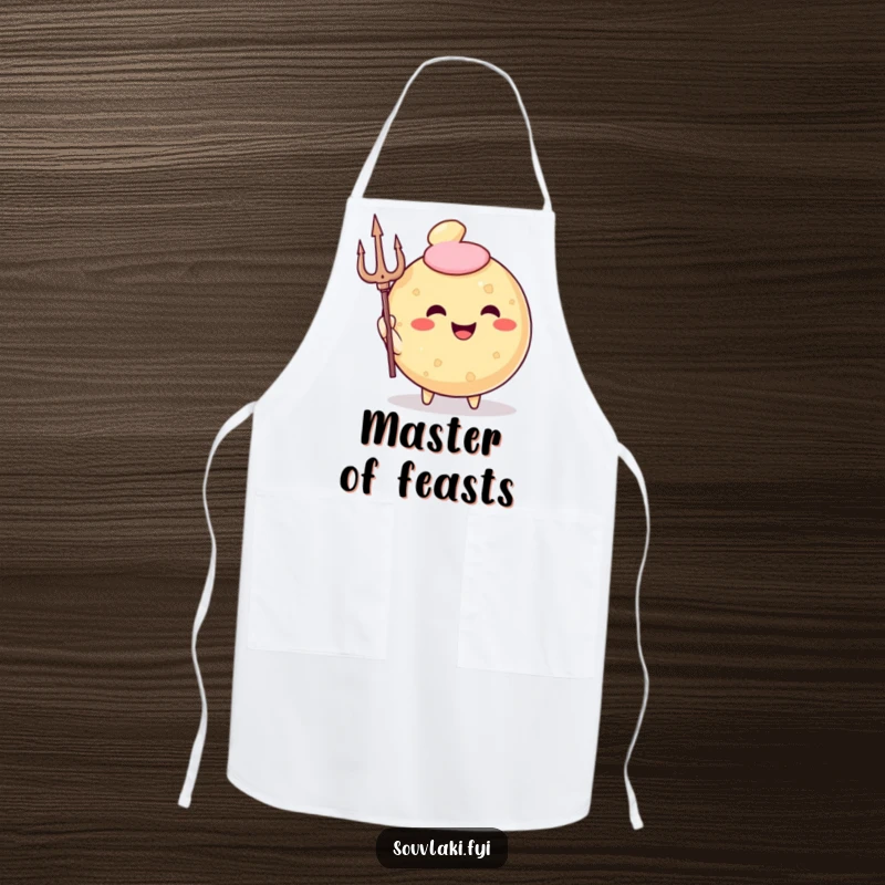 Funny Apron depicting a smiling, round fried pastry character holding a trident, ready to cook with godly flair.