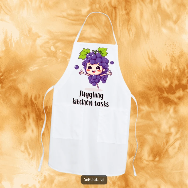 Funny grape bunch apron showing a playful character juggling grapes, bringing humor and skill to kitchen tasks.