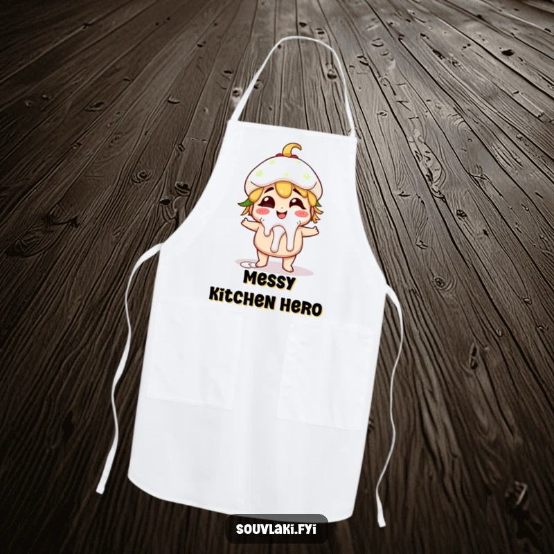 Funny giggling gyro character wearing an apron, ready to cook with humor and sass.