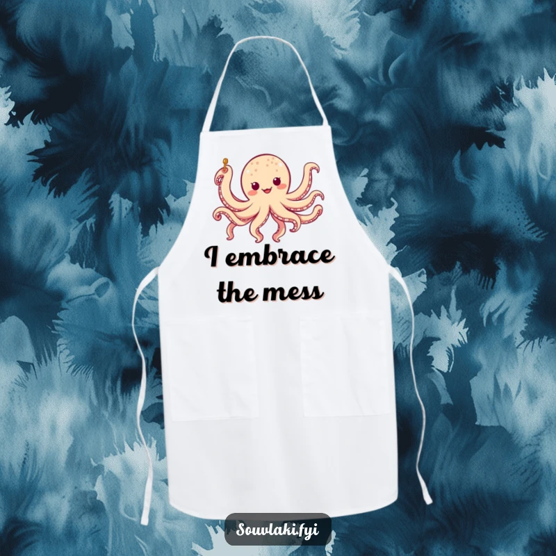Funny chubby octopus skewer apron with a character doing a silly eight-legged jig, a fun and functional funny gift.