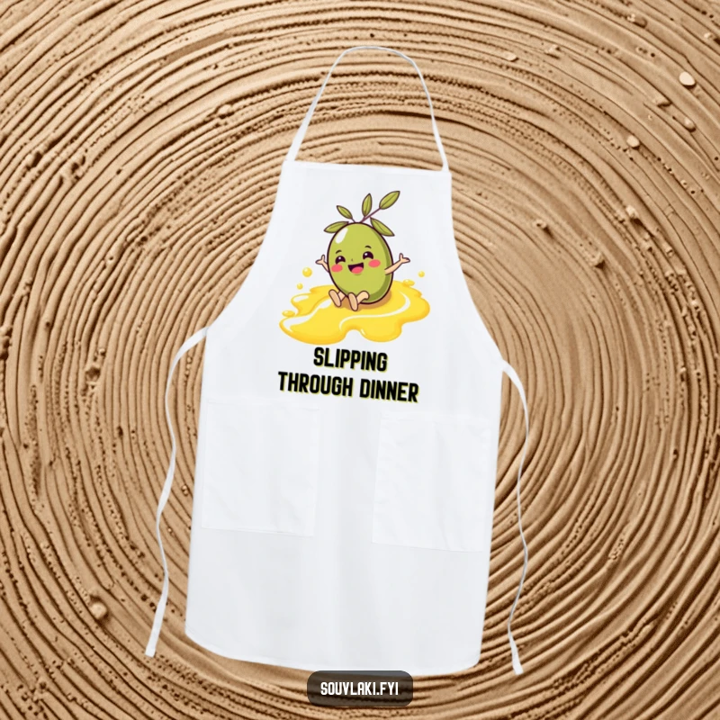 Funny Olive Apron: A cheerful olive character slides down an olive oil stream, adding a humorous and protective element to your kitchen attire.