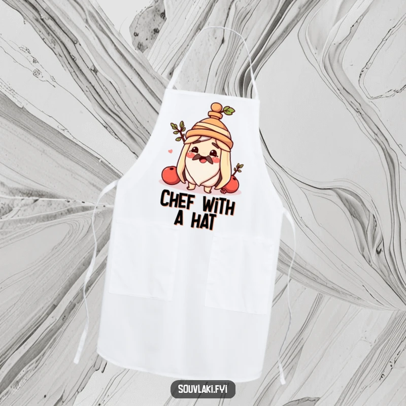 Funny souvlaki apron, a happy Greek skewer wears an amphora hat, adding charming and hilarious flair to cooking.