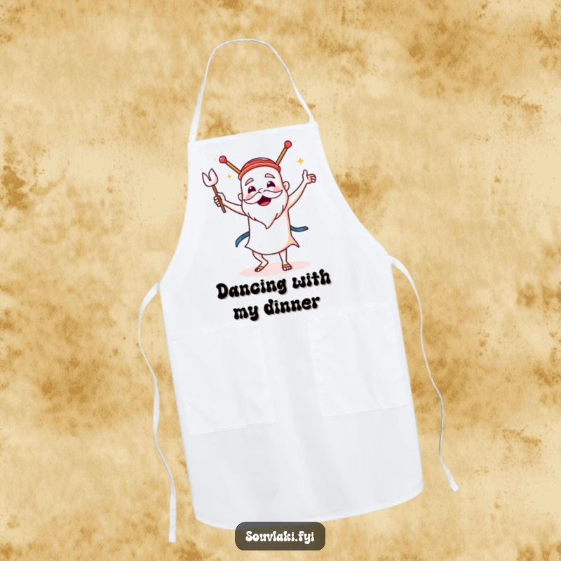 Funny Souvlaki Apron: A souvlaki dances the sirtaki with gusto, making this a funny and functional apron for the Greek kitchen.