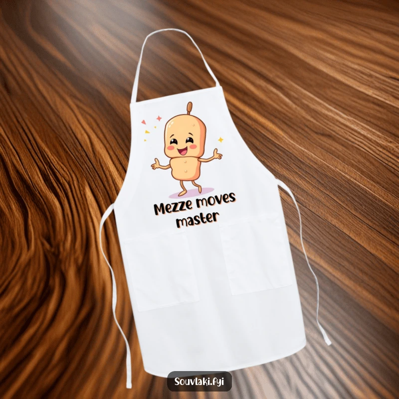 Funny souvlaki skewer character dancing while cooking, a delightful and functional apron.