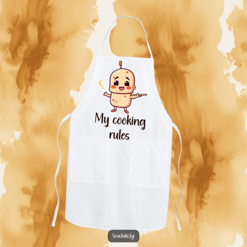 Funny Souvlaki Apron: A souvlaki skewer character gestures dramatically, perfect for adding humor and flair to cooking.