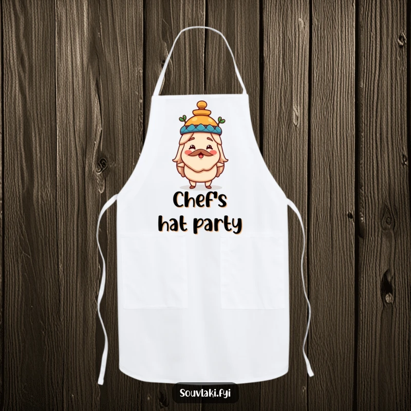 Funny souvlaki apron featuring a happy Greek food character wearing a miniature amphora hat, adding historical humor and charm to cooking.