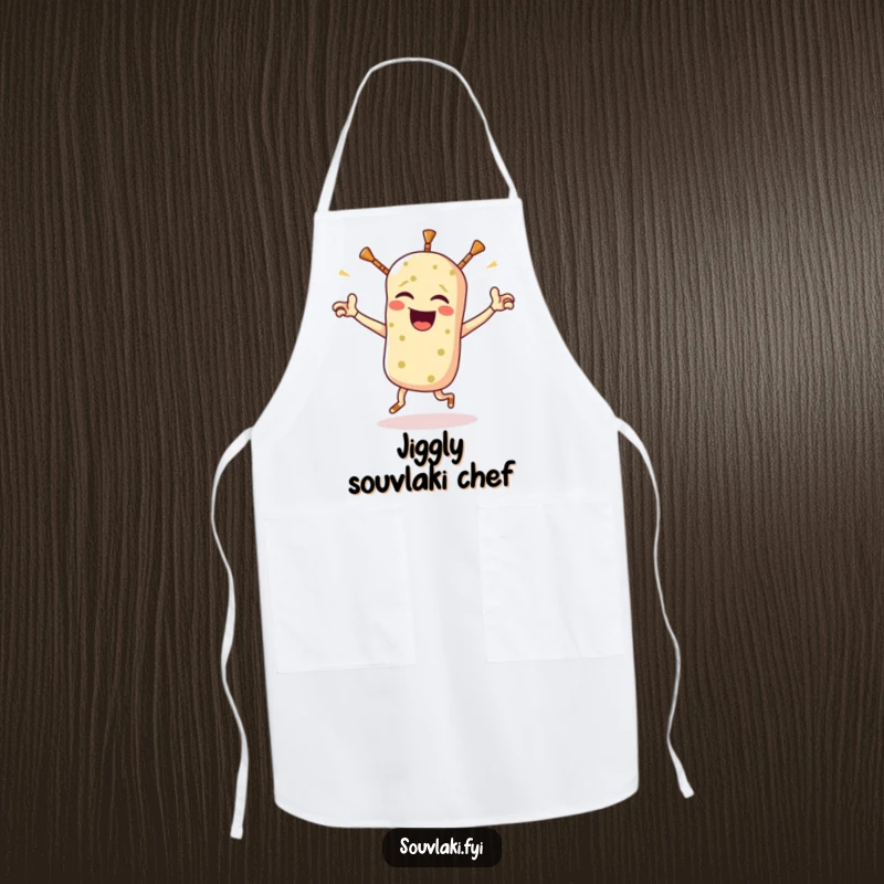 Funny souvlaki apron showing a winking Greek food character doing a triumphant jig, ideal for adding humor to cooking and kitchen activities.