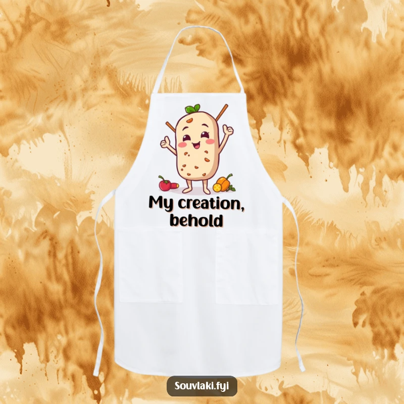 Funny Apron: Souvlaki character doing a funny, proud pose with its ingredients, a fun and functional kitchen accessory.