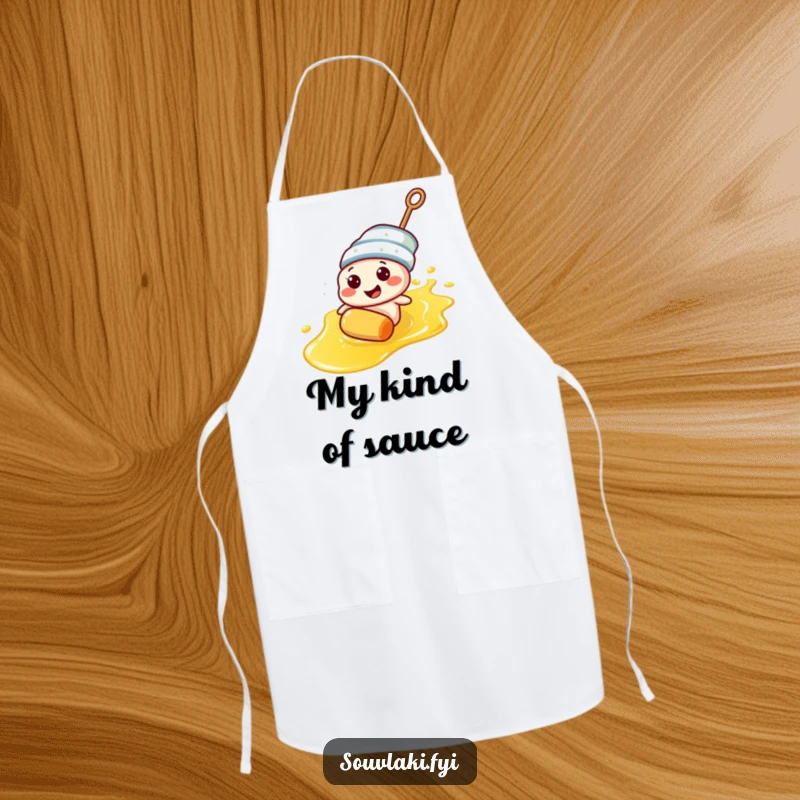 Funny souvlaki skewer character sliding on olive oil on an apron, perfect for kitchen humor.