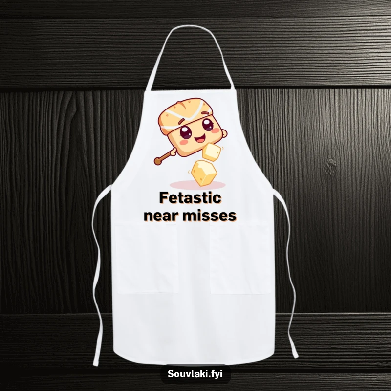 Funny Souvlaki Skewer Feta Defense Apron: A giggling souvlaki skewer playfully dodges a falling feta cheese cube.