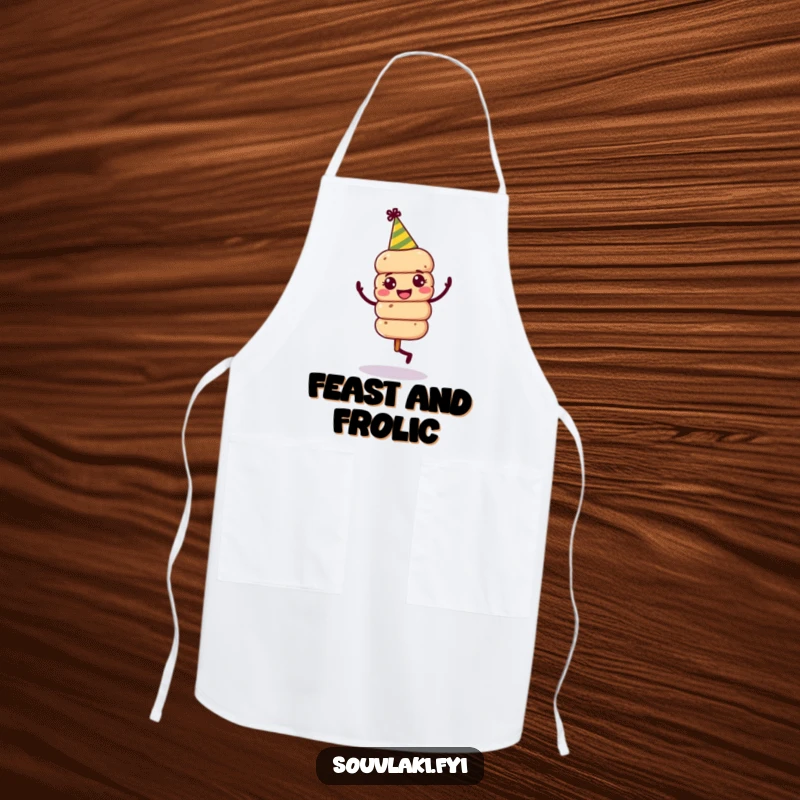 Funny Souvlaki Skewer Party Chef Apron: A jovial souvlaki skewer in a party hat dances while cooking.