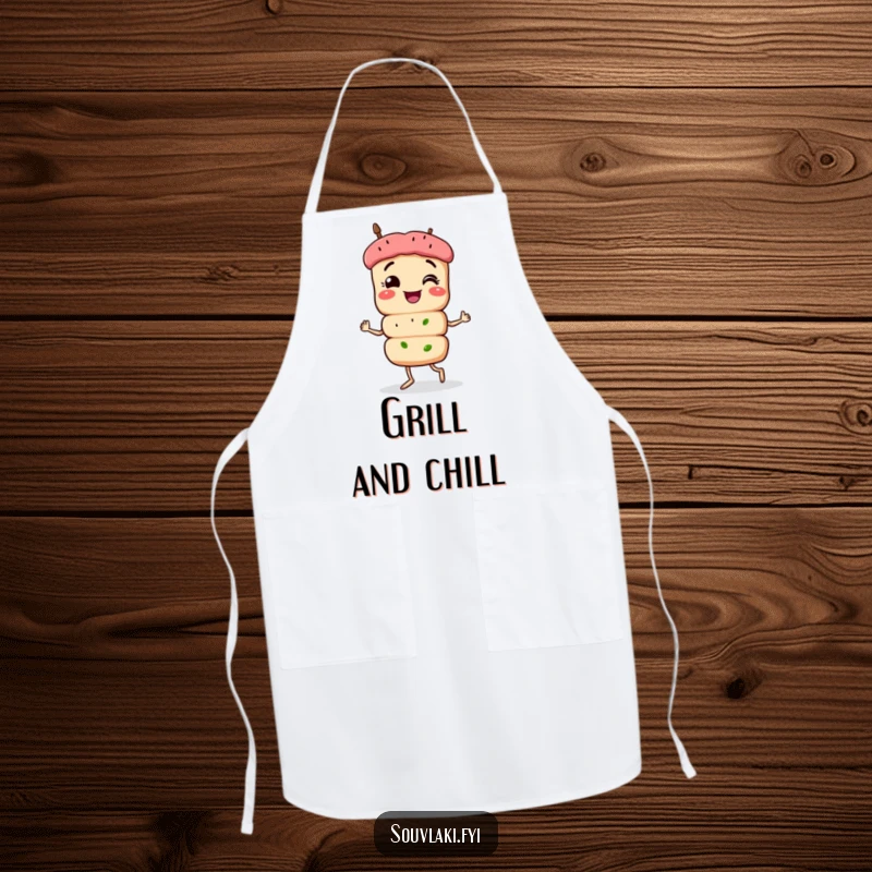 Funny Souvlaki Apron: A smiling souvlaki skewer character struts proudly, perfect for a humorous and stylish cooking experience.