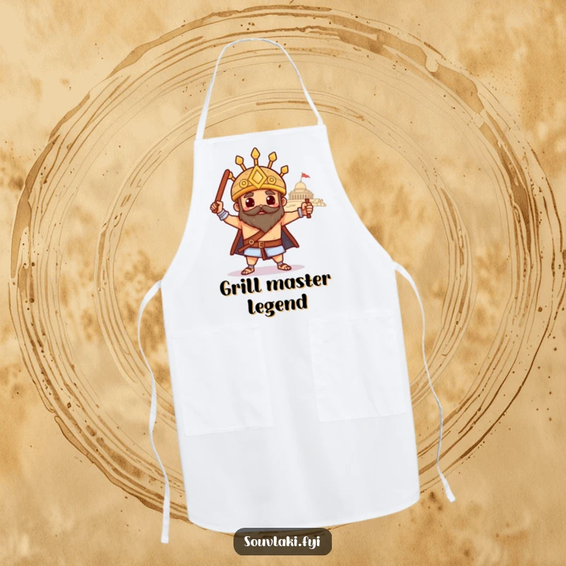 Funny souvlaki apron, a proud Greek skewer poses heroically with a temple, bringing epic style to the kitchen.