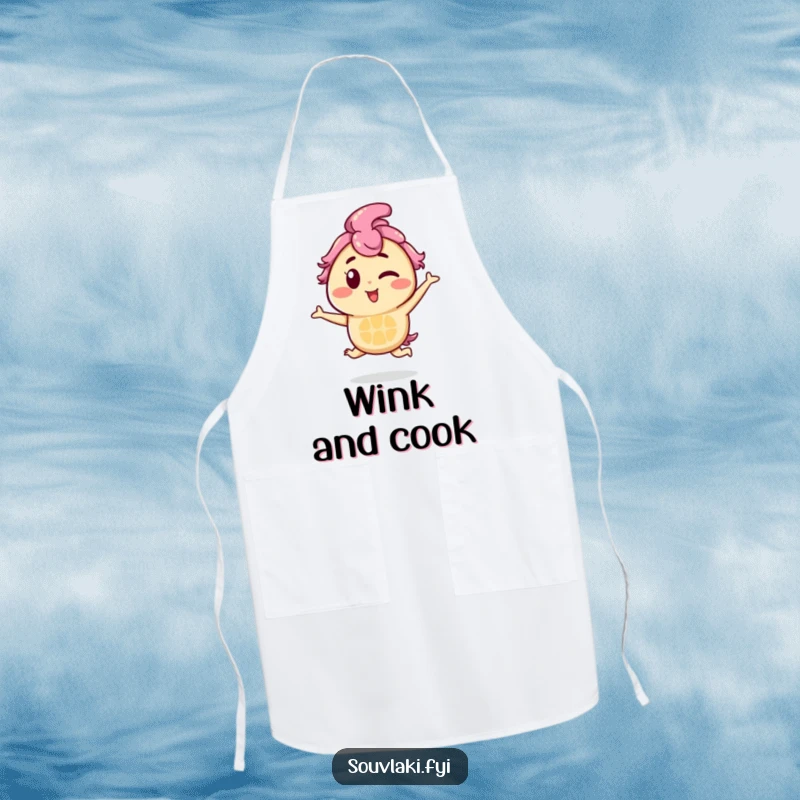 Funny Souvlaki Apron: A souvlaki skewer character winks and hops playfully, perfect for adding humor to cooking.