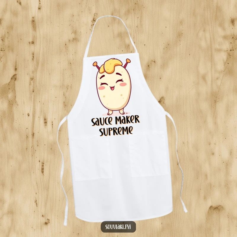 Funny apron with a souvlaki winking confidently, perfect for kitchen protection and adding a humorous Greek flair.
