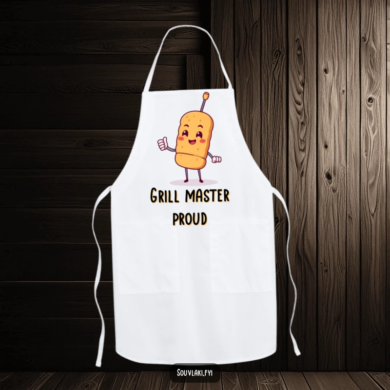 Funny proud souvlaki skewer character giving a cheerful nod, printed on a durable kitchen apron.