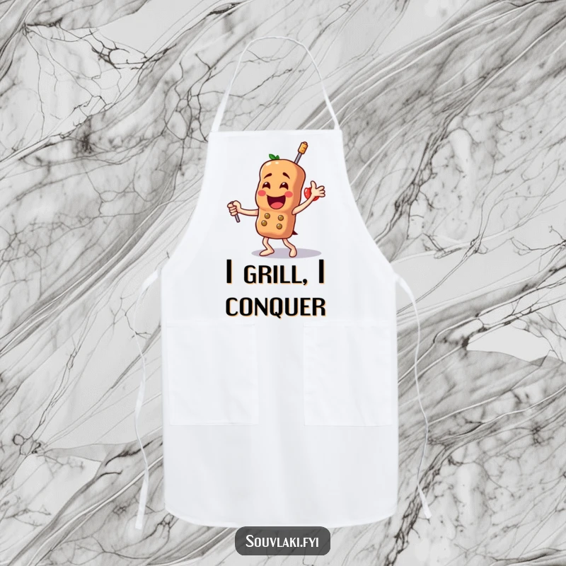Funny Souvlaki Apron: A proud skewer character dances triumphantly, ready to help you create delicious meals with humorous flair.