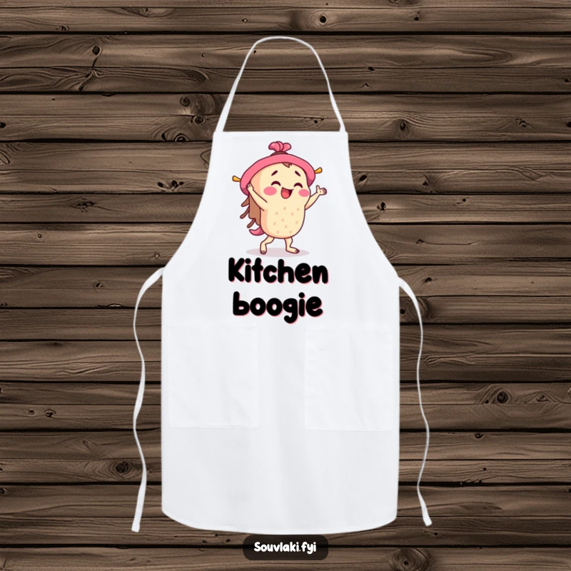 Funny Souvlaki Apron: A souvlaki skewer character enthusiastically jigs, ready for culinary fun and humor.