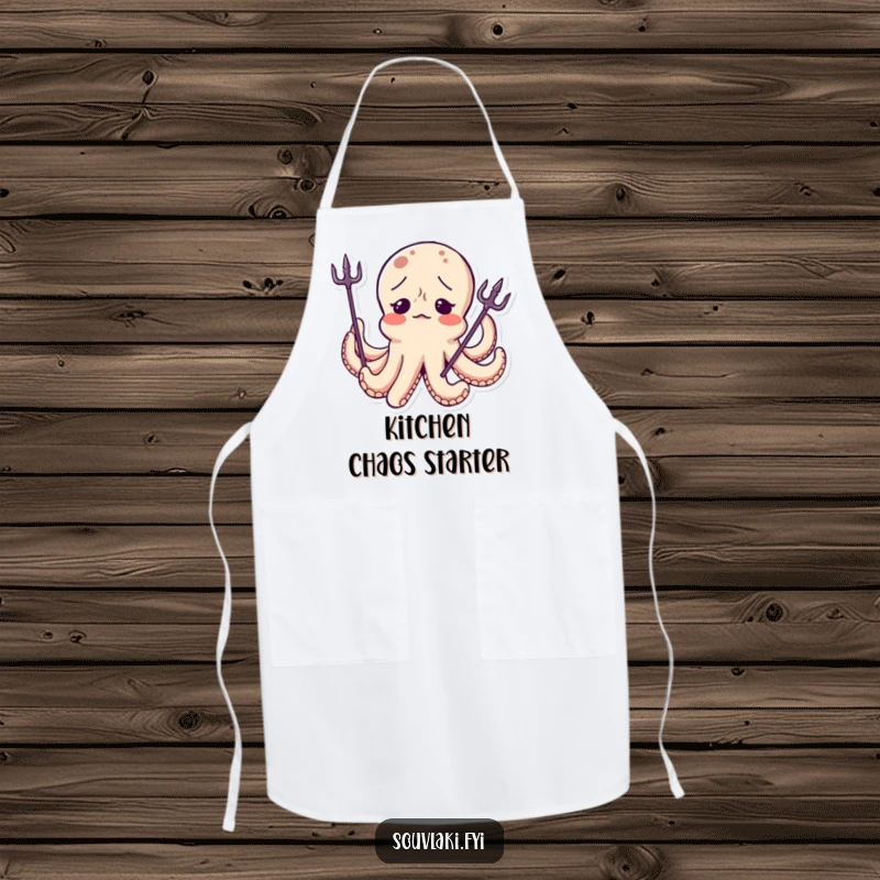 Funny Octopus Apron: A confused octopus character wears a tiny trident askew, adding a humorous and practical element to your kitchen attire.