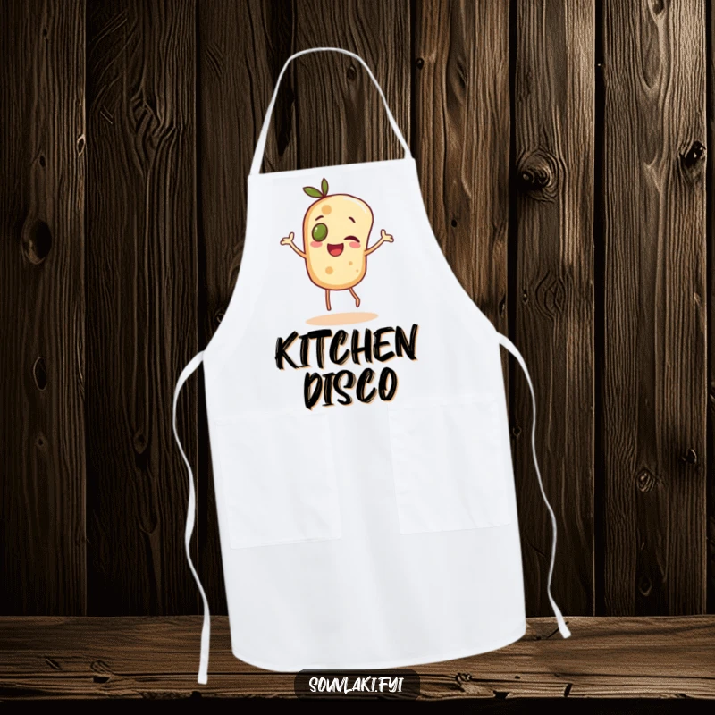 Funny cheerful pita bread character with an olive eye, dancing, on a cooking apron.
