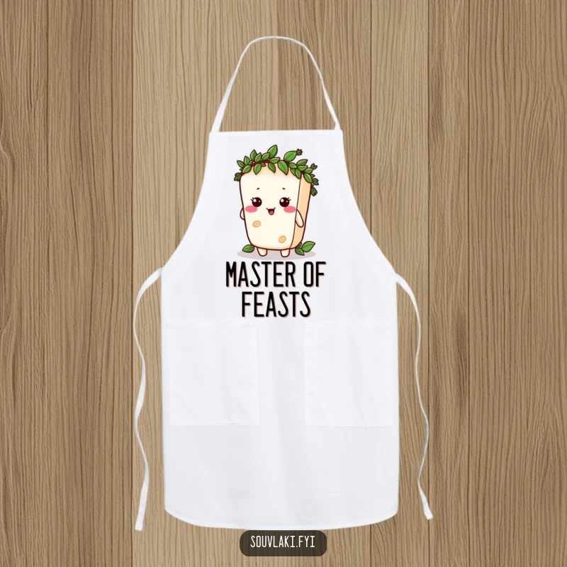 Funny silly feta cheese character comically trying to wear a tiny laurel wreath, on a cooking apron.
