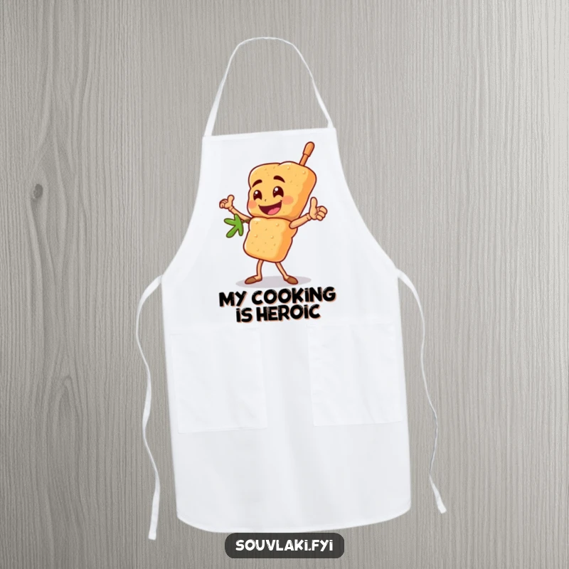 Funny souvlaki skewer apron with a happy chef character striking a heroic pose, a functional and humorous funny gift.