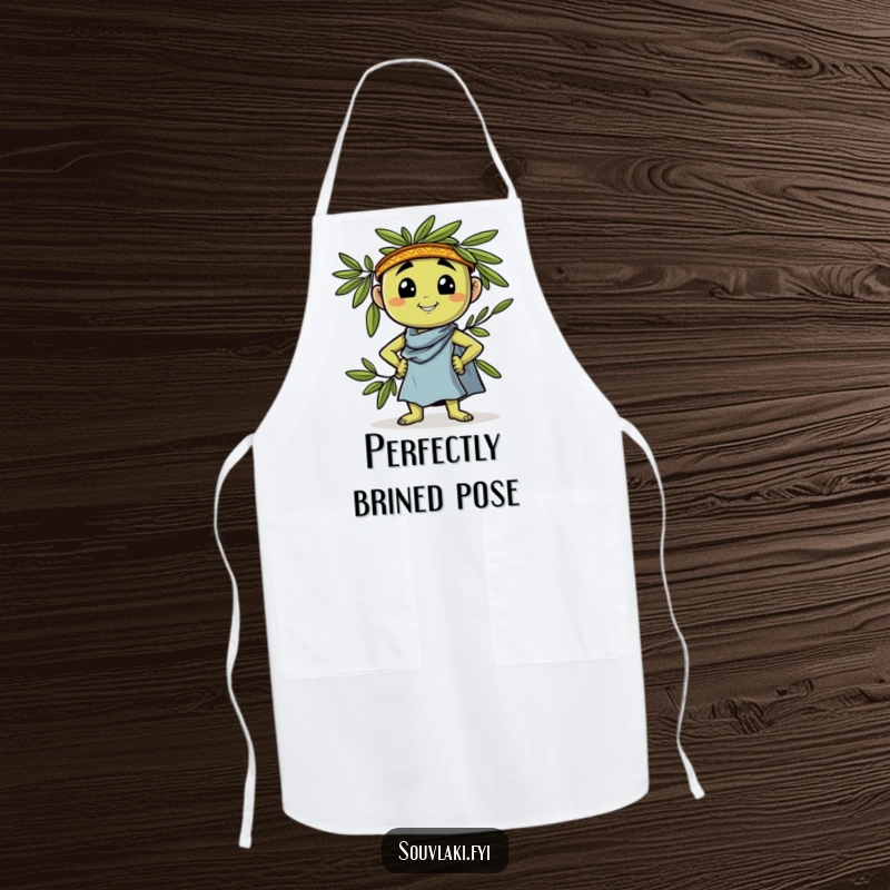 Funny Apron: A proud olive character confidently leans and strikes a Greek pose, adding humor to your cooking adventures.