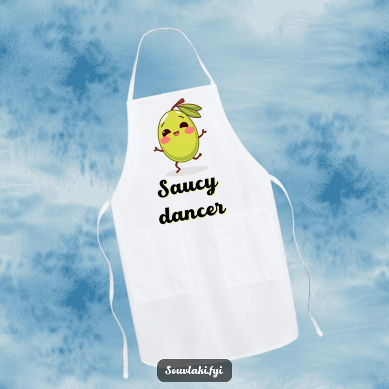 Funny olive with legs dancing silly moves on a kitchen apron. A practical and amusing accessory for cooks, ideal for a funny gift.