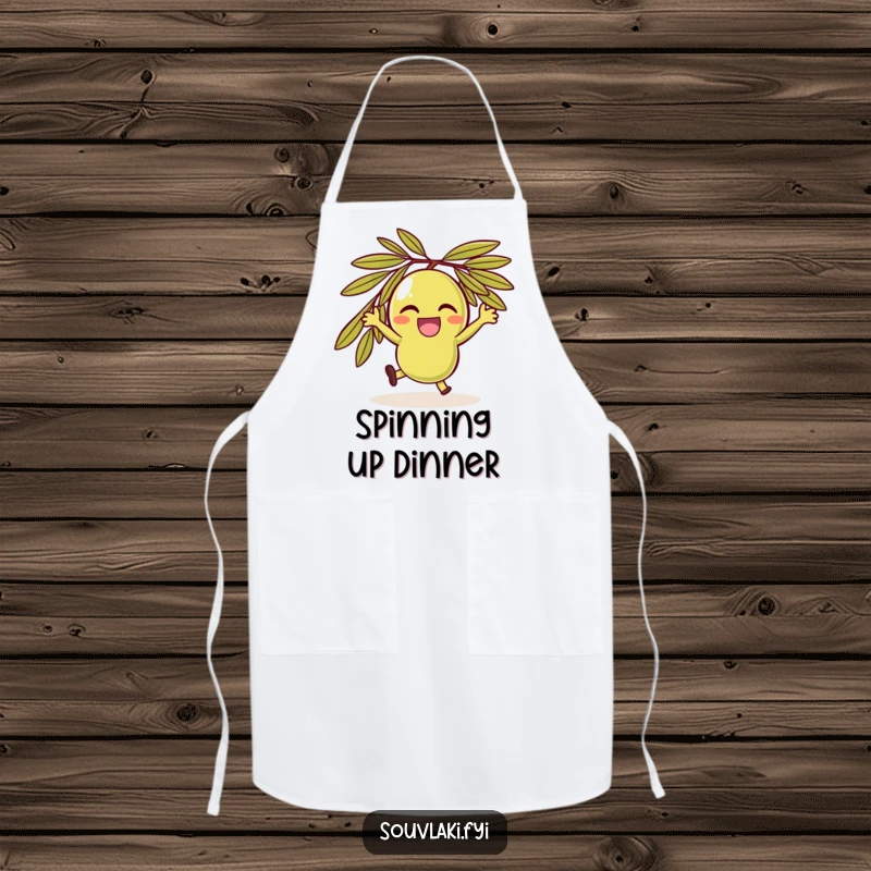 Funny delighted olive character spinning while wearing an apron, a fun kitchen accessory.