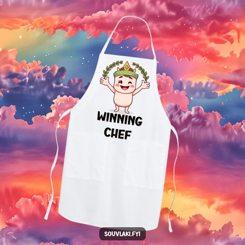 Funny apron showcasing a smiling souvlaki skewer character with arms wide, embracing a laurel wreath.
