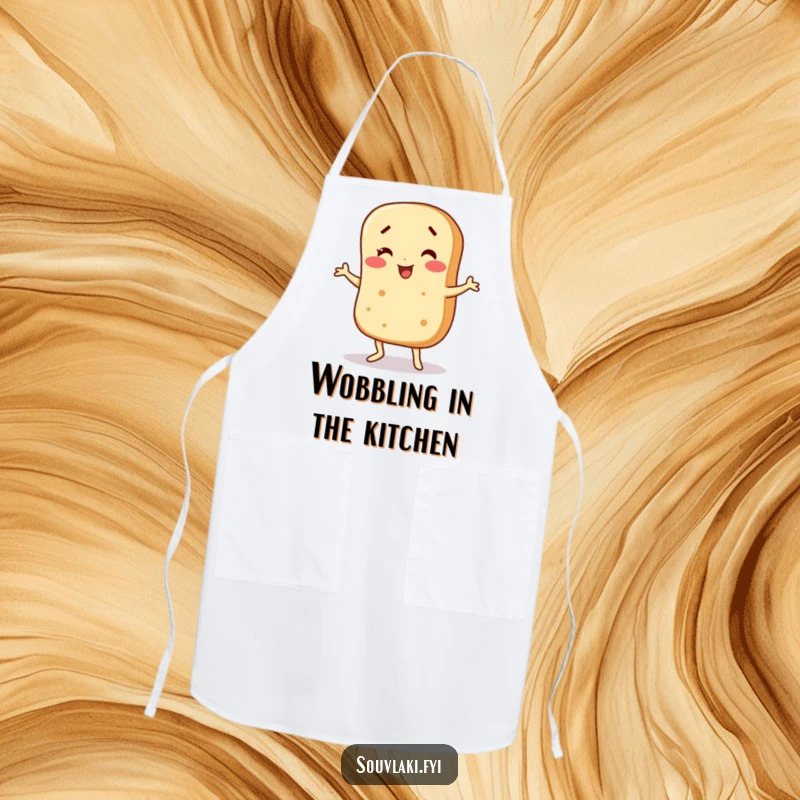 Funny Apron: A pita bread character does a funny wobble dance while cooking. Humorous and practical.