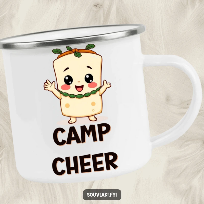 Funny Camping Mug featuring a happy feta cheese character in a toga, cheering amidst outdoor adventures.