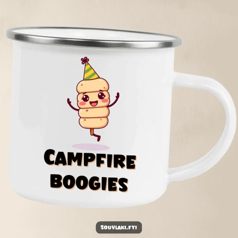 Funny Souvlaki Skewer Camp Party Mug: A jovial souvlaki skewer sporting a party hat dances happily outdoors.