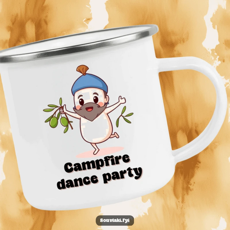 Funny Camping Mug: Souvlaki character doing a whimsical dance, spinning an olive branch in nature.