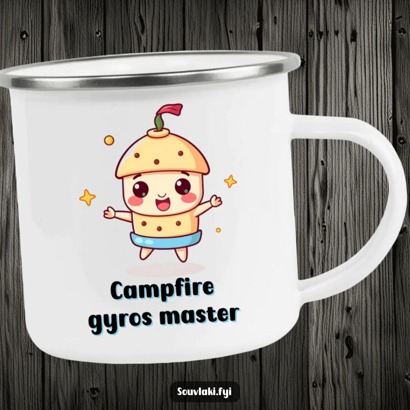 Funny Souvlaki Camping Mug with a souvlaki spinning a miniature gyros, perfect for adventurers with a taste for humor.