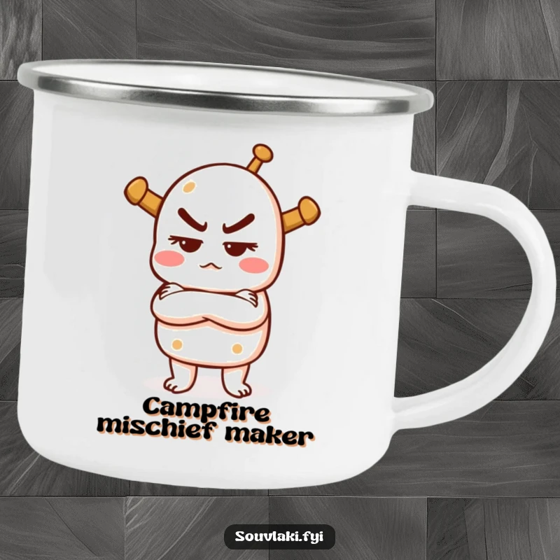 Funny camping mug with a souvlaki character crossing arms, looking mischievous, built for adventure and carrying attitude.