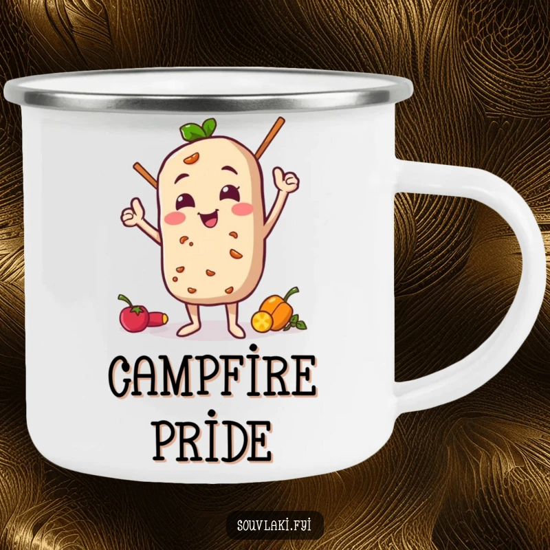 Funny Camping Mug: Souvlaki character in a proud pose with its ingredients, ready for outdoor enjoyment. A humorous gift.