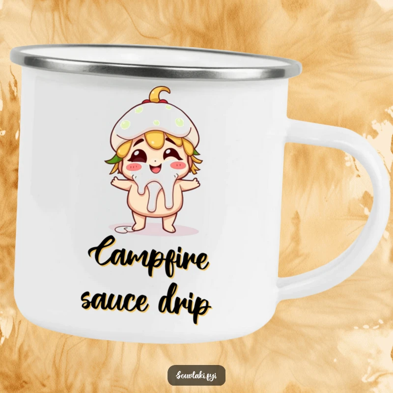 Funny giggling gyro character with dripping tzatziki, perfect for outdoor adventures on a camping mug.