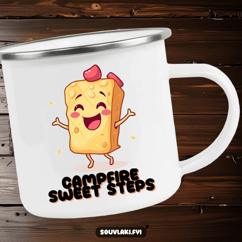 Funny baklava piece dancing flamenco on a rugged camping mug. A sweet and durable companion for outdoor fun, ideal as a funny gift.