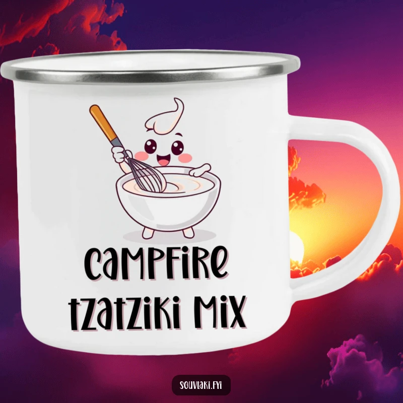 Funny delighted whisk character stirring tzatziki, on a rugged enamel camping mug.