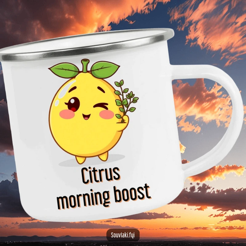 Funny winking lemon character offering oregano, printed on a rugged, enamel camping mug for outdoor use.