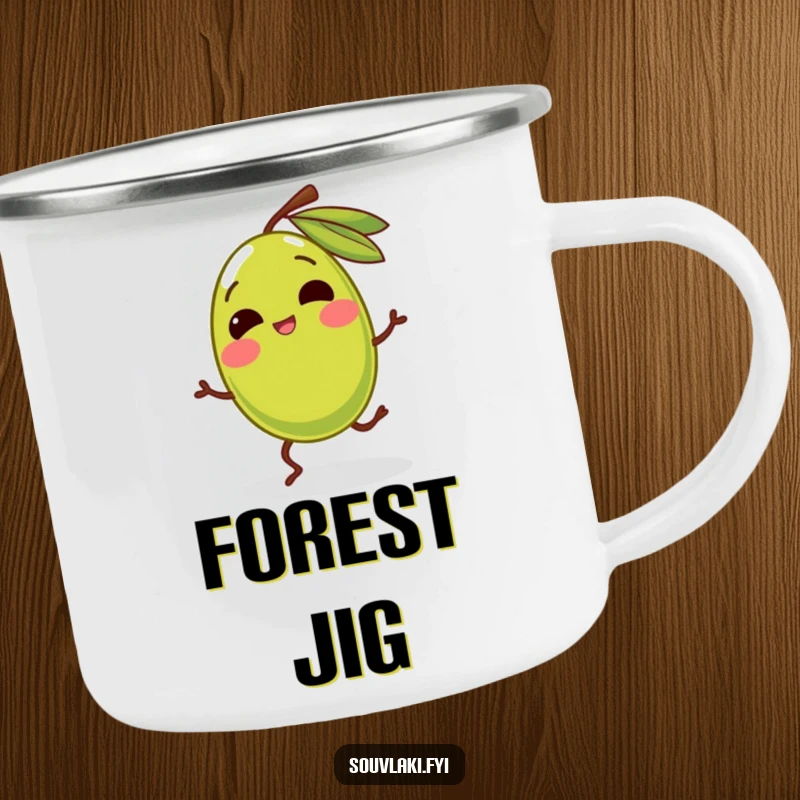 Funny olive with legs dancing silly moves on a sturdy camping mug. A fun and durable companion for outdoor adventures, ideal as a funny gift.