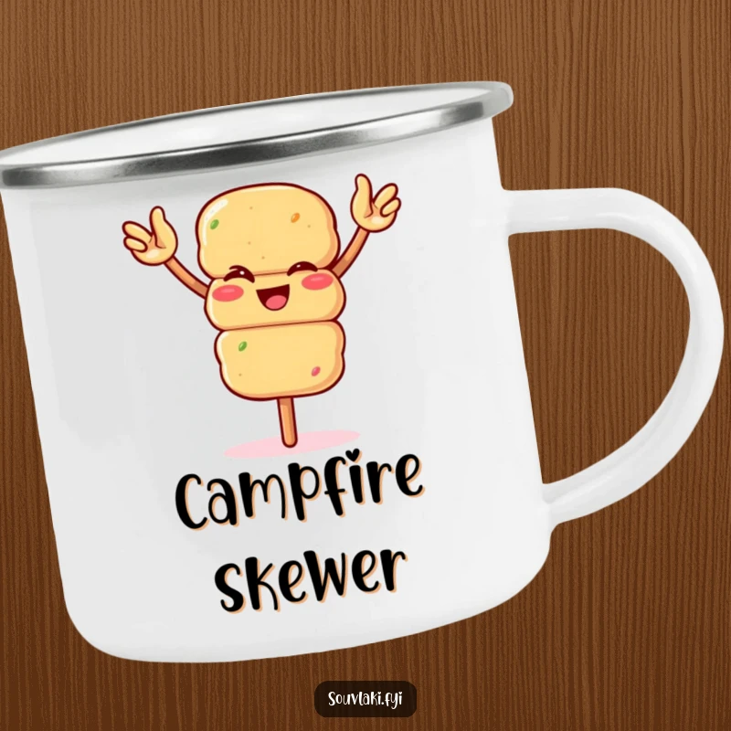 Funny winking souvlaki skewer waving arms enthusiastically on a sturdy camping mug. A fun and durable companion for outdoor adventures, ideal as a funny gift.